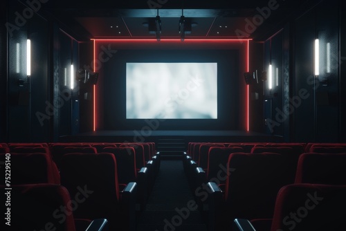 Modern cinema hall interior with blank screen and red seats