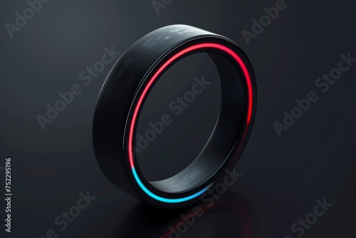 Black smart ring with glowing red and blue accents on dark background