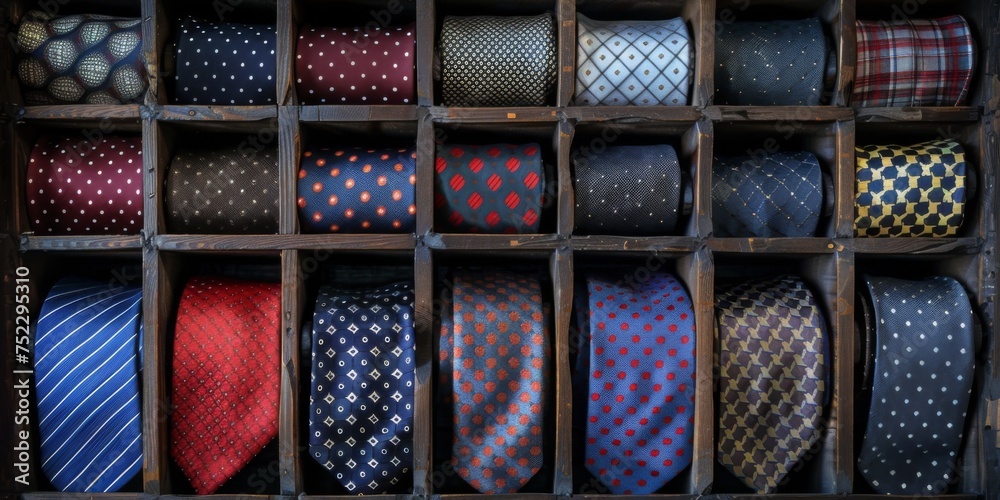Assortment of stylish mens ties in a wooden box