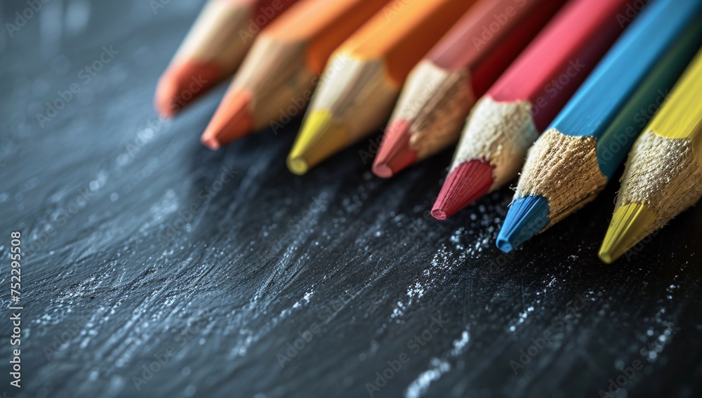 Macro shot focusing on the tips of colored drawing pencils against a dark, textured surface invoking inspiration Macro shot focusing on the tips of colored drawing pencils against a dark, textured surface invoking inspiration