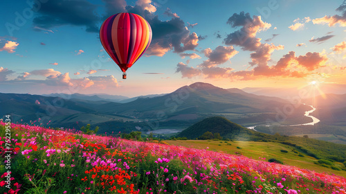 A majestic hot air balloon floats gracefully over a vibrant green hillside, casting a colorful shadow on the lush landscape below