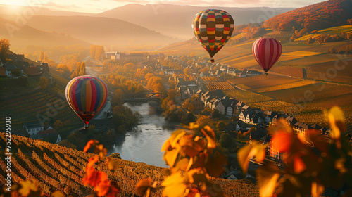 Colorful hot air balloons gracefully glide through the sky above a verdant valley, creating a stunning and peaceful scene