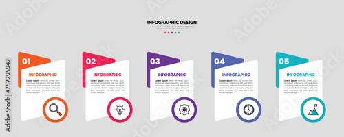 Modern business infographic template, geometric shape with 5 options or steps icons.