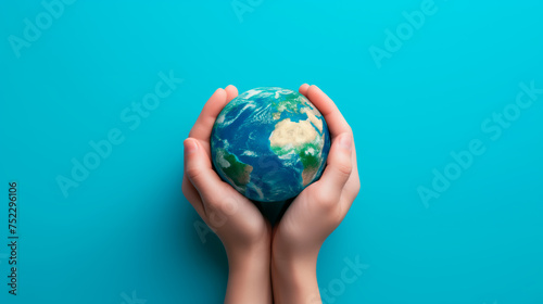 Hands holding a globe against a turquoise background. environment and eco friendly theme.