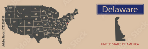 Vector map borders of the USA Delaware state. State of Delaware on the map of the United States of America.