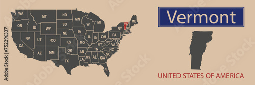 Vector map borders of the USA Vermont state. State of Vermont on the map of the United States of America.