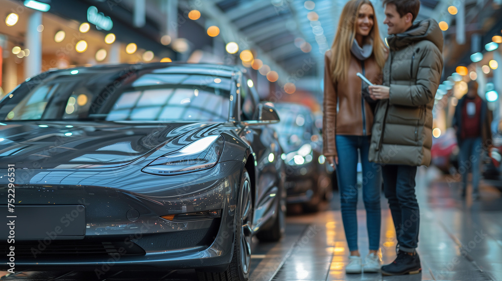 A young couple chooses an electric car in the showroom. Eco-friendly alternative energy concept. A young couple chooses an electric car in the showroom. Eco-friendly alternative energy concept.