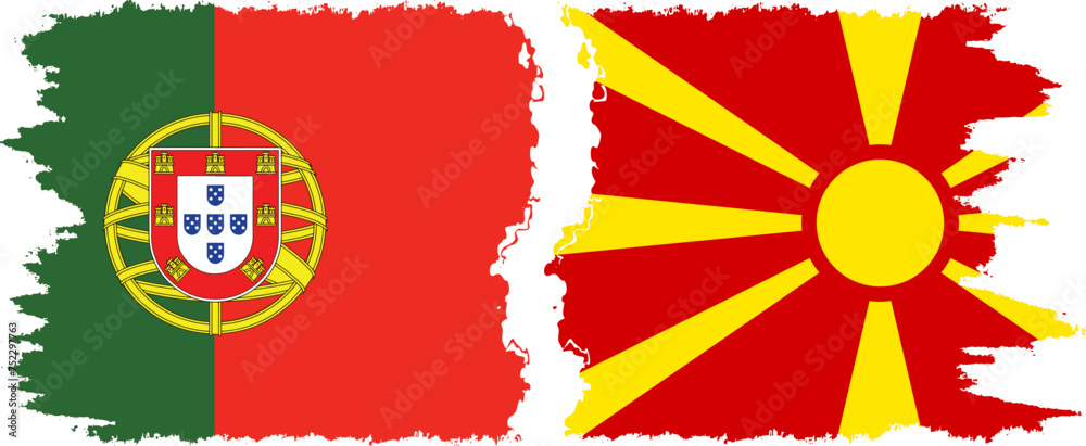 Northern Macedonia and Portugal grunge flags connection vector