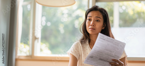 Lifestyle portrait of stressed Asian woman frowning at paperwork forms photo