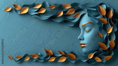 Serene Blue Female Relief with Golden Leaves