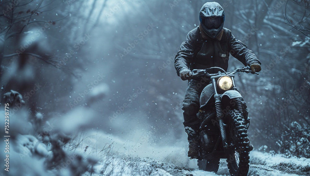 Fototapeta premium A rider tackles a snowy path through the forest on a motorbike, embodying endurance and the spirit of adventure