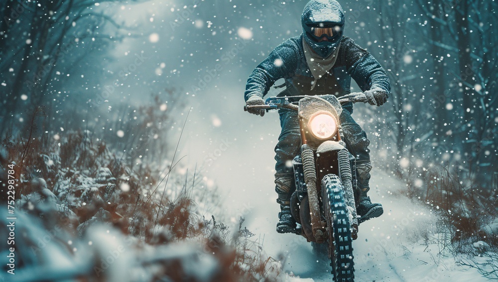 In a serene winter backdrop, a solo rider on a motorbike conquers the snowy terrain, highlighting tranquility and resolve In a serene winter backdrop, a solo rider on a motorbike conquers the snowy terrain, highlighting tranquility and resolve