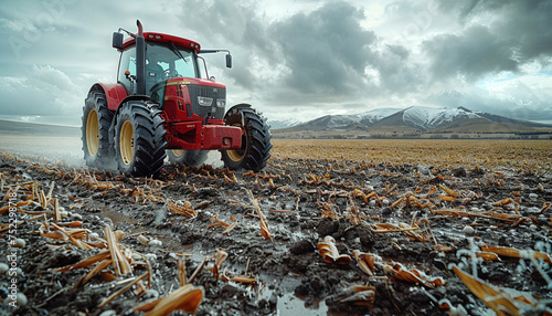 A powerful red tractor drives across a huge field under a dramatic stormy sky, ai technology