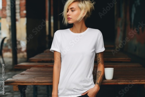 White blank t shirt mock up. Woman in cafe