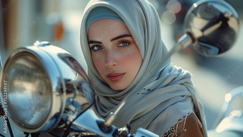 Elegant woman in a hijab posing with a classic motorbike, style, and grace Elegant woman in a hijab posing with a classic motorbike, style, and grace