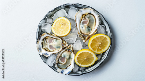 Chilled Oysters with Lemon and Ice on Plate