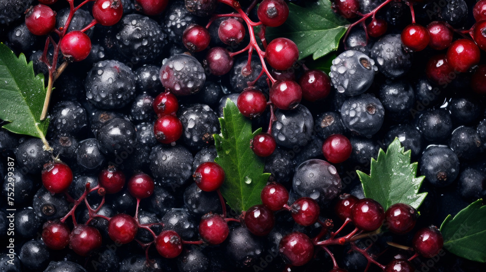 Close-up of Fresh Dew-covered Red Currants and Blackberries with Green Leaves. Close-up of Fresh Dew-covered Red Currants and Blackberries with Green Leaves.