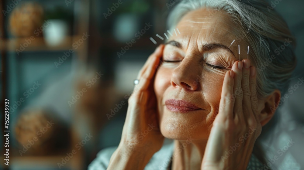 Middle-aged woman trying out acupuncture therapy to alleviate menopause symptoms, showing openness to alternative treatments Middle-aged woman trying out acupuncture therapy to alleviate menopause symptoms, showing openness to alternative treatments