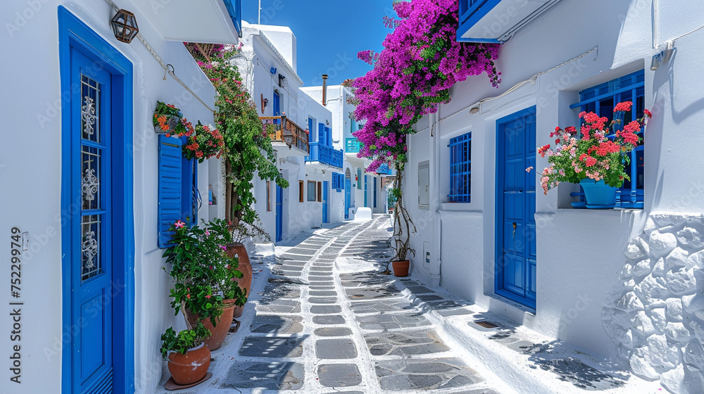 street in Mykonos. Travel concept and image with copy space. Pastel colors. #Greece
