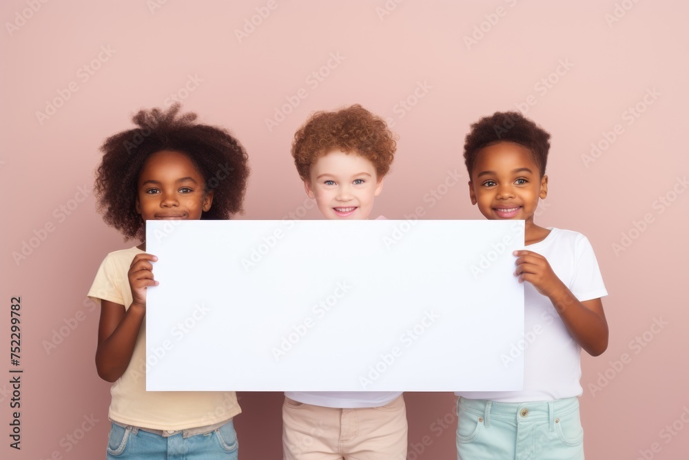 Multiracial Kids Smiling and Holding Blank Sign