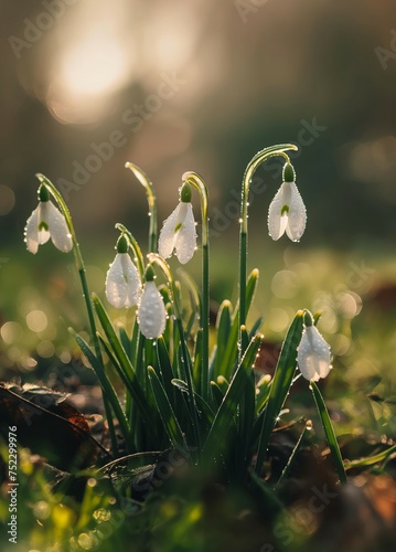 Snowdrops in spring sunny morning. The sun reflects through dewdrops on the peals of the flower. Realistic photo. Generative AI
