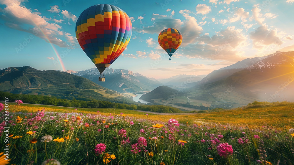 Fototapeta premium Two colorful hot air balloons float gracefully above a vibrant field of blooming flowers, creating a picturesque scene of beauty and tranquility