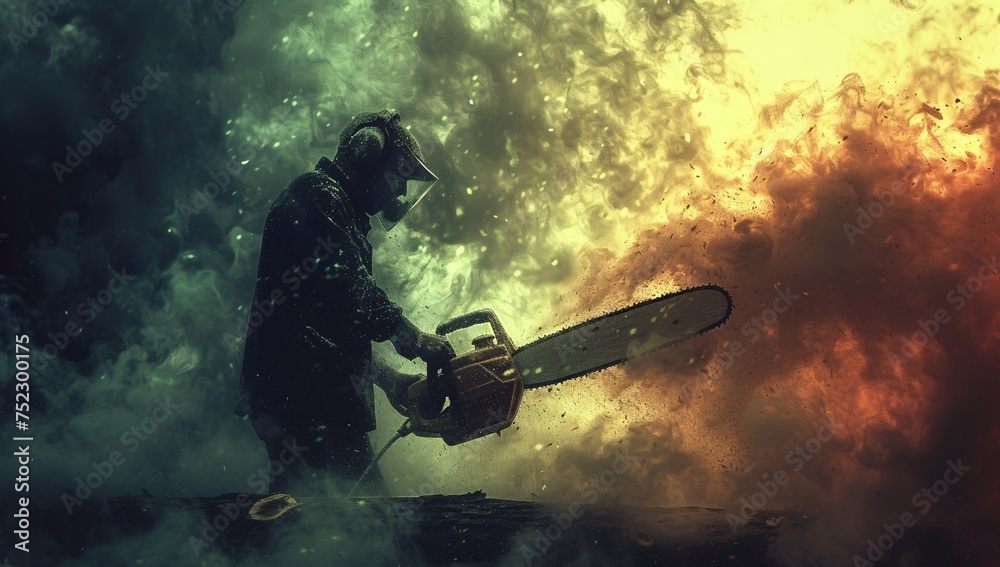 Silhouette of a firefighter wielding a chainsaw amid surreal, blazing flames, exemplifying bravery and danger Silhouette of a firefighter wielding a chainsaw amid surreal, blazing flames, exemplifying bravery and danger