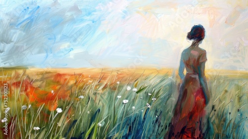 Illustration of back view of woman walking in field. Concept of loneliness and depression. © Olga Zarytska