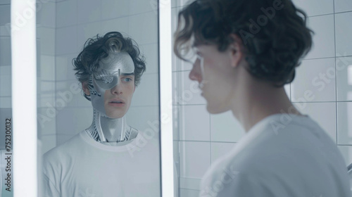 An upset young man looks in the mirror and in the reflection sees himself with robotic body parts. Disappointment concept.