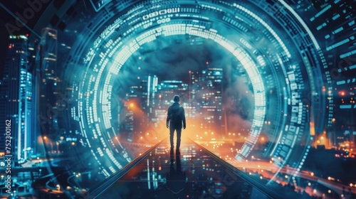 The man confidently enters into the portal of future. Concept of city of future. © Olga Zarytska