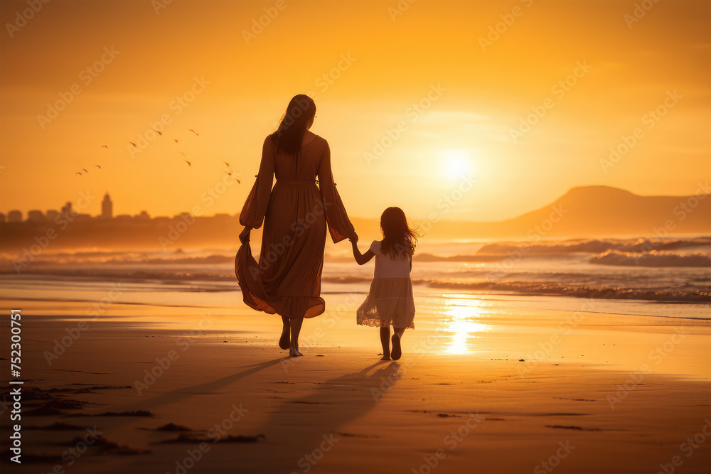 mom and daughter walking on background