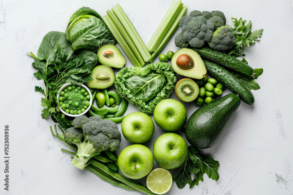 A heart-shaped arrangement of green fruits and vegetables, showcasing a blend of natural flavors and textures in a unique and creative display A heart-shaped arrangement of green fruits and vegetables, showcasing a blend of natural flavors and textures in a unique and creative display