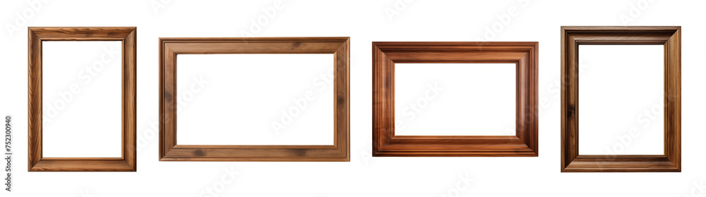Collection of set wooden picture frame isolated on transparent background. PNG file, cut out	