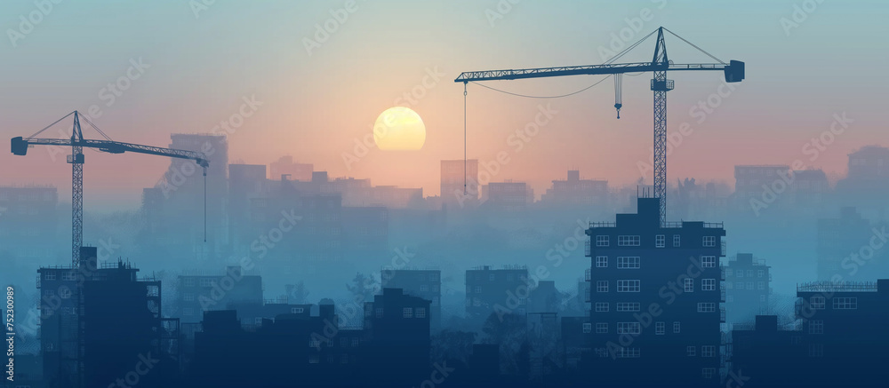 Silhouette of construction site with cranes and buildings at sunrise