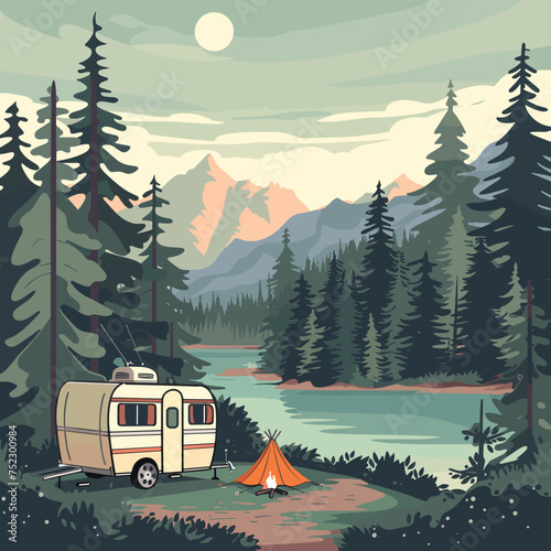 Cartoon camping. Summer nature scene with trailer tent and bonfire. forest panorama. Lake and mountain peaks scenery, vector graphic