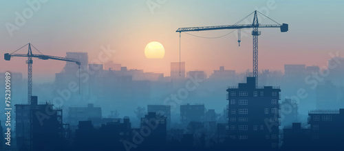 Silhouette of construction site with cranes and buildings at sunrise