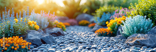 A vibrant garden harmonizes rocks and flowers, creating a picturesque tableau of color and texture under the sunlit sky photo