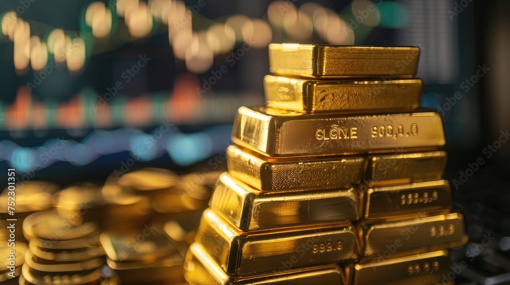 Gold bullion on at computer trading chart background Gold bullion on at computer trading chart background