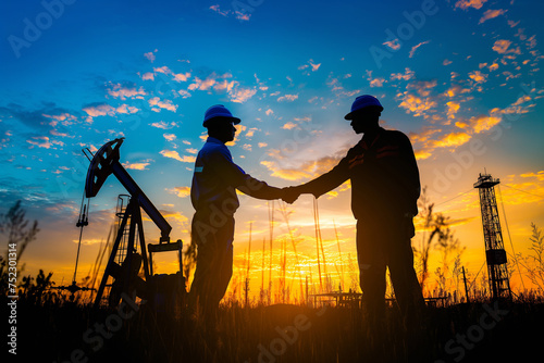Silhouette of oil workers shaking hands in the field at sunset