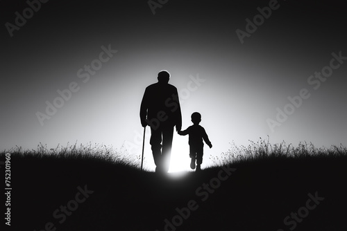 Old man and young boy walking on the path, concept of life and death, black and white, generative ai