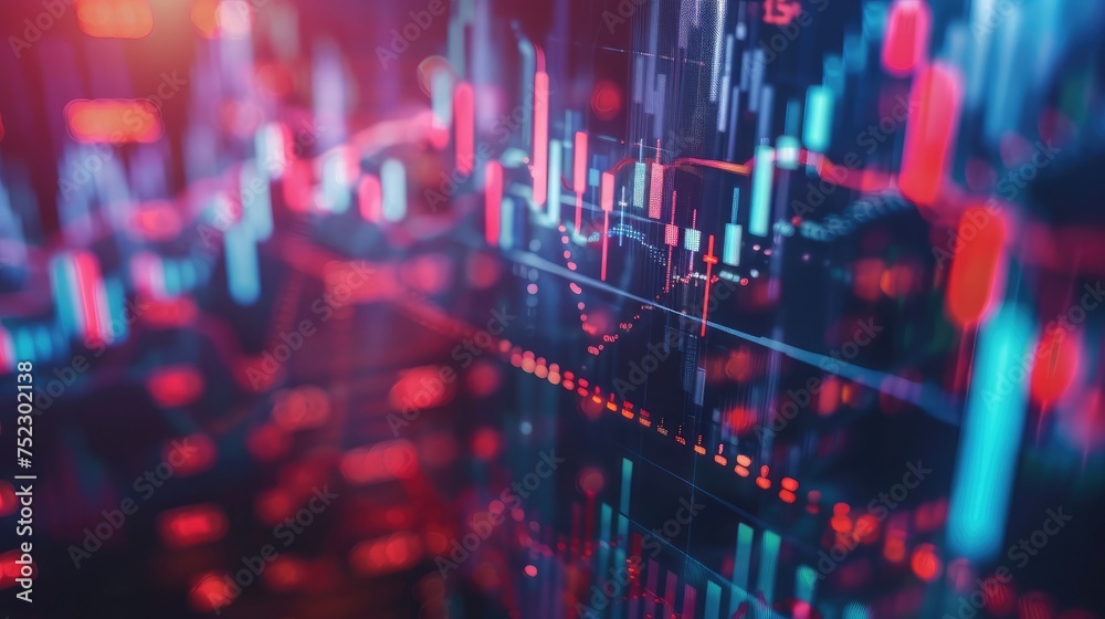 Fototapeta premium Stock market business graph chart on digital screen. Stock prices chart and Candle stick tracking for Forex market, Gold market and Crude oil market.