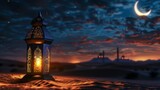 Ethereal Ramadan Landscape, Golden Lanterns Illuminating Desert Sky with Crescent Moon and Mosque