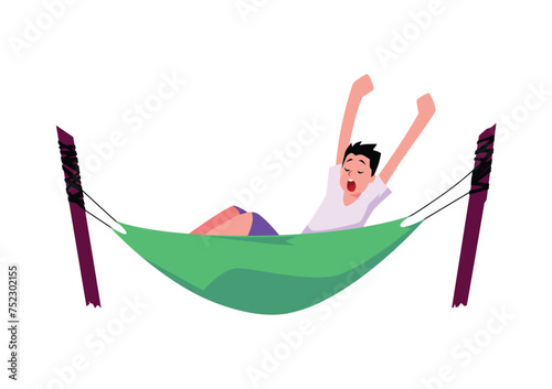 Happy person stretching in hammock, vector illustration