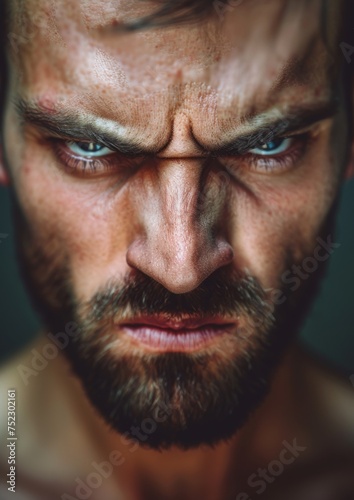 Portrait of an angry young man on a dark background.