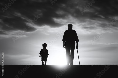 Old man and young boy walking on the path, concept of life and death, black and white, generative ai