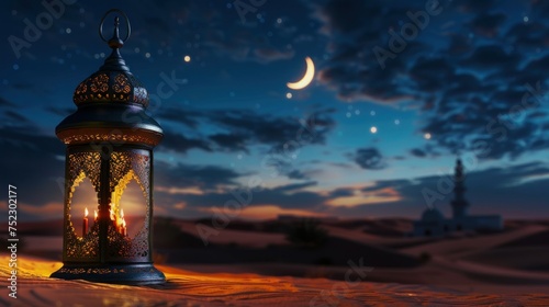 Spectacular Desert Ramadan, Golden Lanterns Casting Radiance with Crescent Moon and Majestic Mosque