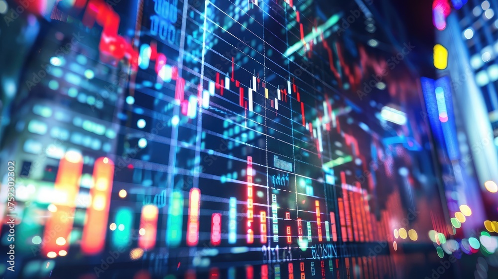 Stock market digital graph chart on LED display concept. A large display of daily stock market price and quotation. Indicator financial with buildings background Stock market digital graph chart on LED display concept. A large display of daily stock market price and quotation. Indicator financial with buildings background