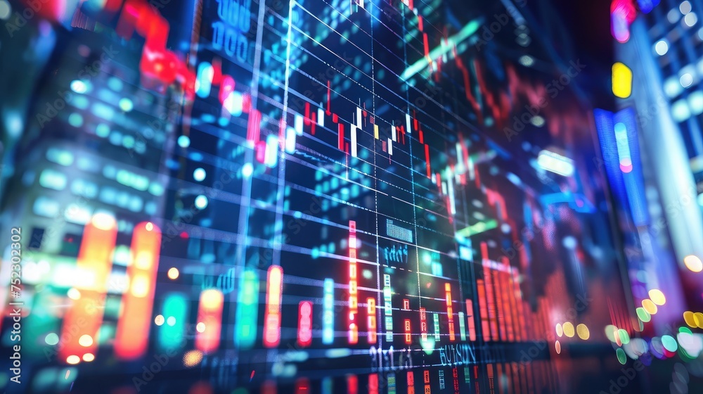 Stock market digital graph chart on LED display concept. A large display of daily stock market price and quotation. Indicator financial with buildings background