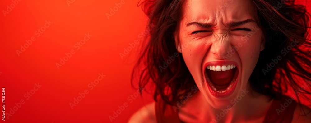 Portrait of a young woman who screams on a red background.