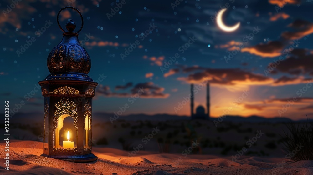 Luminous Ramadan Oasis, Golden Lanterns Hovering Over Desert with Crescent Moon and Distant Mosque Luminous Ramadan Oasis, Golden Lanterns Hovering Over Desert with Crescent Moon and Distant Mosque